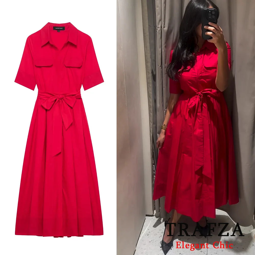 Women’s Romantic Red Belted Dress with Lapel Pockets Long Dress for Spring and Summer Elegant Casual Holiday Wear