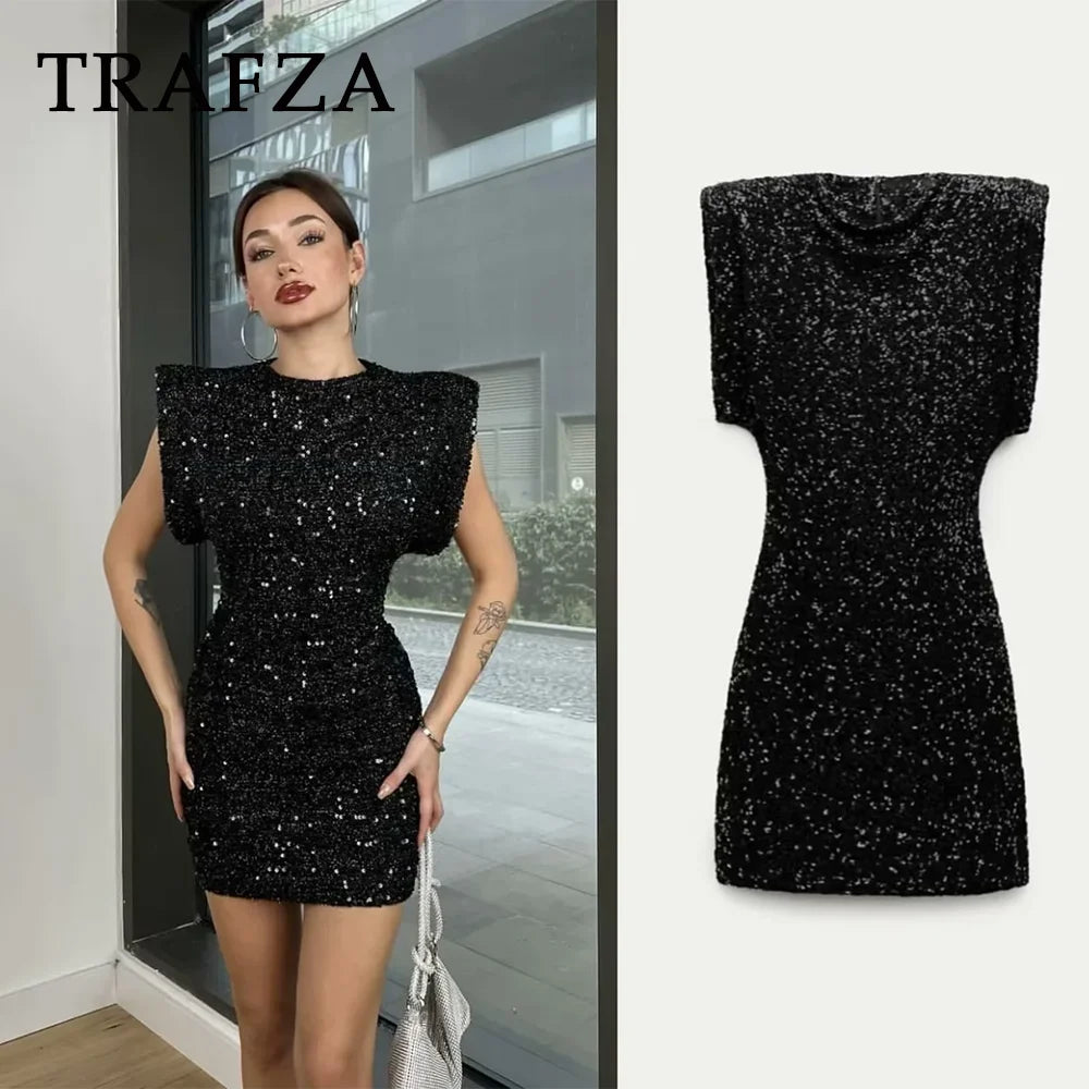 Women’s Sequined Party Dress with Shoulder Pads and Sheath Fit, Elegant Sleeveless Mini Dress for Nightclub and Evening Events