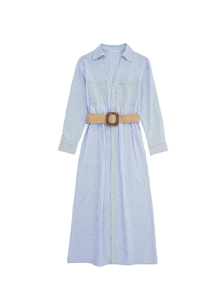 Women's Elegant Blue Striped Shirt Dress with Rolled Sleeves, Single Breasted Lapel, Belt, and High Waist Long Sleeve Design