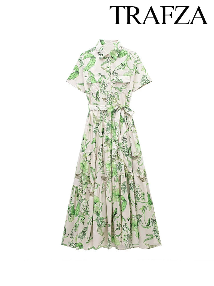 Rustic Printed Petticoat Style Dress with Pleated Details and Lace-up Lapel Short Sleeves for Summer Versatile Fashion