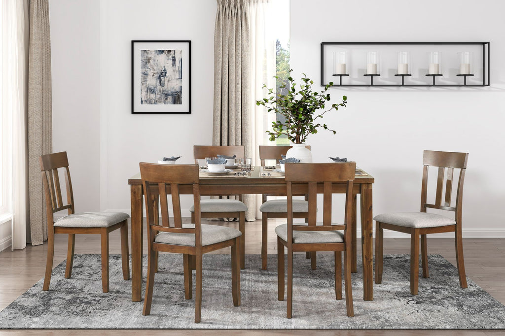 Transitional Styling 7-Piece Pack Dinette Set Cherry Finish Dining Table and 6x Side Chairs Textured Fabric Upholstered Seat Wooden Classic Look Furniture