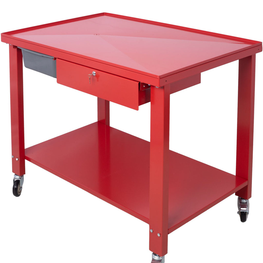 Transmission Teardown Work Station 1/2 Ton Capacity Sloping Drain Table Locking Drawer Removable Drain Basin Full-Width Lower Shelf Four 4-Inch Caster Wheels