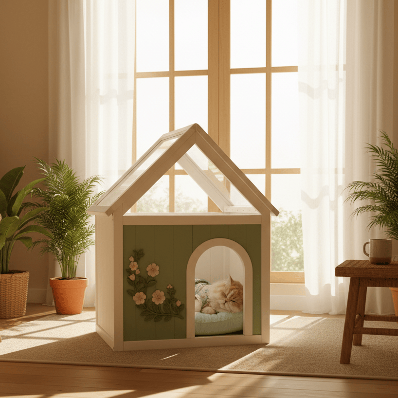 Transparent Roof Wooden Pet House with Floral Carvings FSC Cedar Indoor Shelter for Cats & Small Dogs 63.5×47.5×77.6 cm