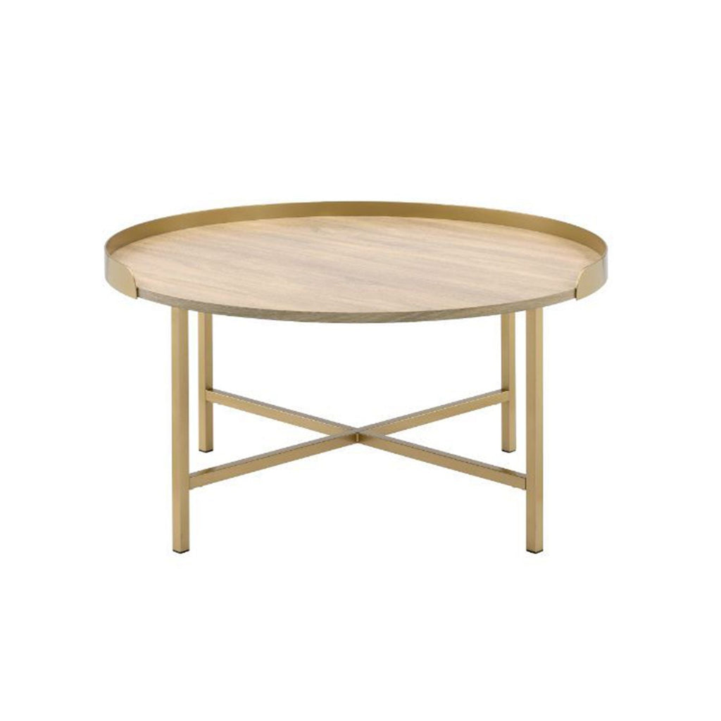 Tray Style Top Round Coffee Table, Oak and Gold