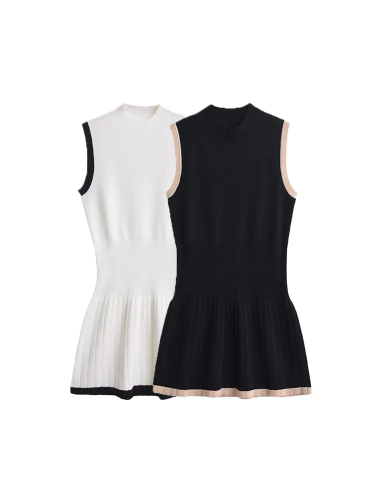 Sleeveless Knit Mini Dress for Women High Neck Patchwork Chic Fashion Female Dress