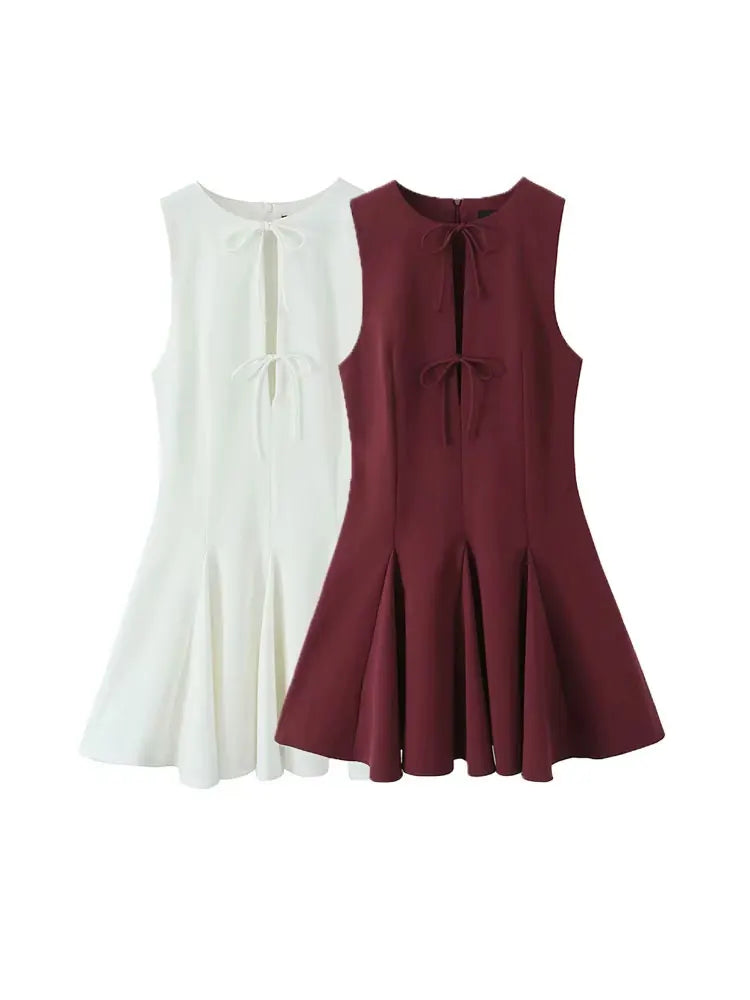 Women's Sleeveless O-Neck Mini Dress with Bow Details and Godet Hem with Back Zipper