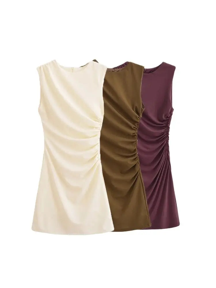 Women's Draped Mini Dress with O Neck Sleeveless Back Zipper Sexy Fashion Female Dress