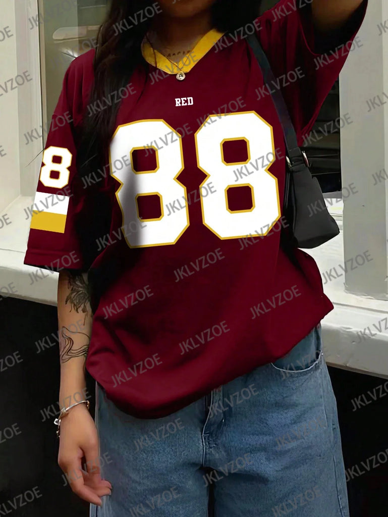 Summer Women’s Oversized Red V-Neck T-Shirt Number 88 Short Sleeve Casual Sporty 3D Print Streetwear Top