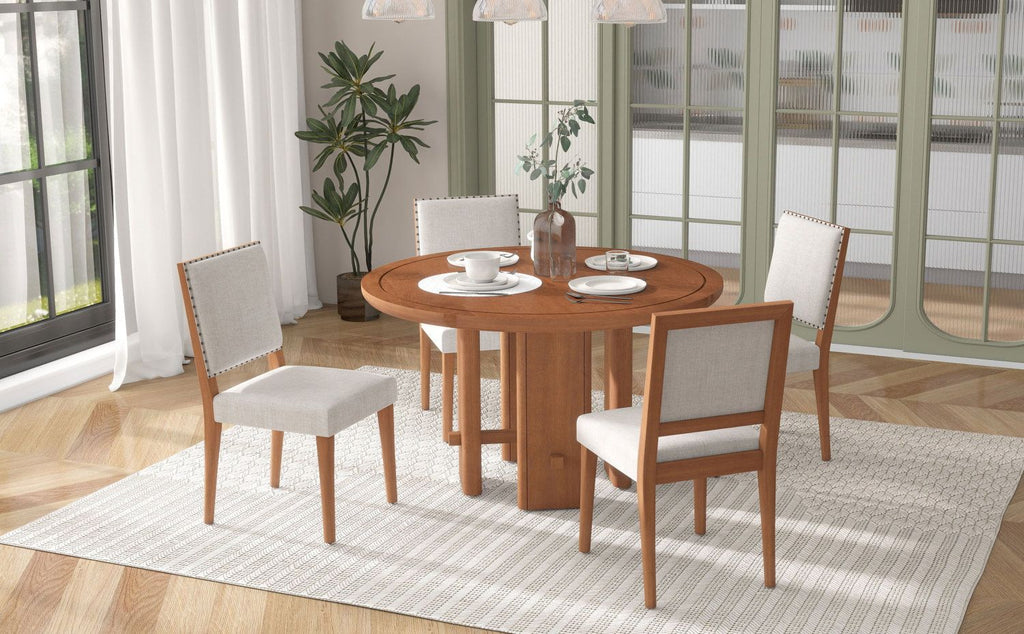 TREXM 5-Piece Round Dining Table Set for 4, Minimalist Farmhouse Dining Table with 4 Solid Wood Upholstered Chairs, Kitchen & Dining Room Sets (Brown)