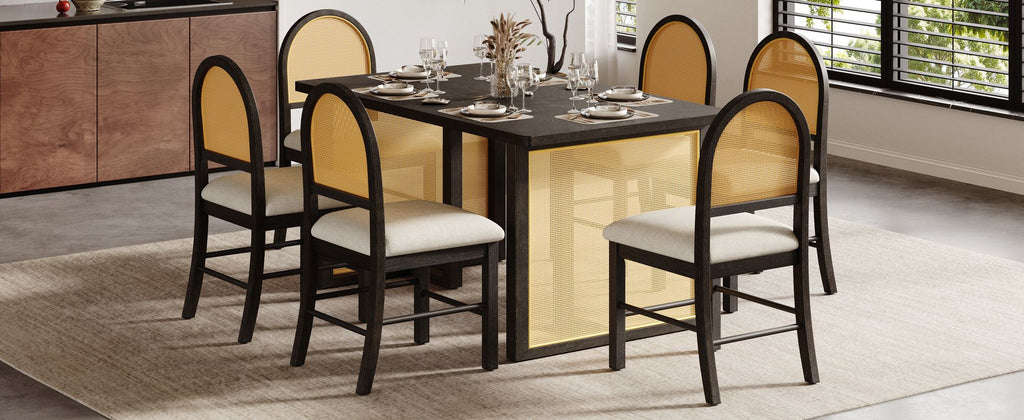 TREXM 7-Piece Farmhouse Dining Table Set for 6 - 59.8" Rectangular Dining Table with Distressed Oak Veneer and 6 Rattan Chairs, Rustic Kitchen Furniture for Dining Room(Espresso)