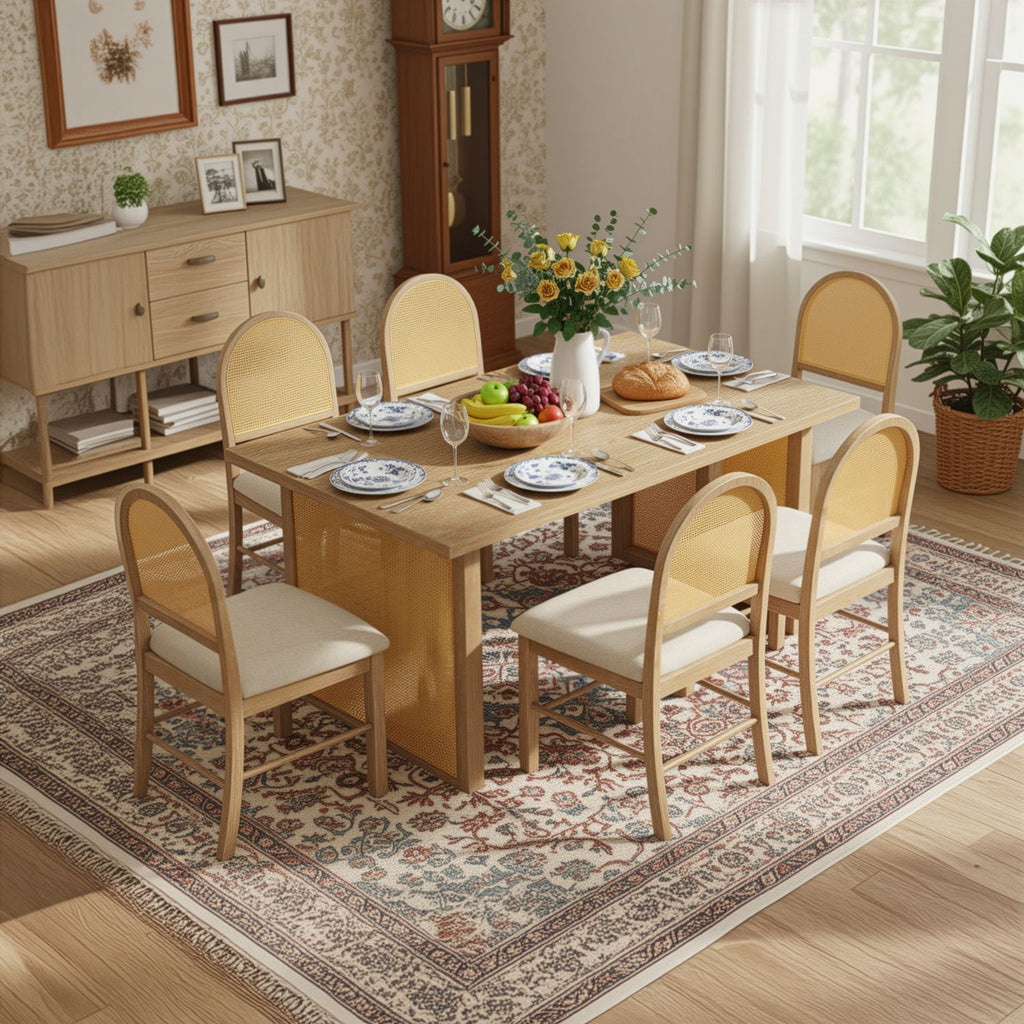TREXM 7-Piece Farmhouse Dining Table Set for 6 - 59.8" Rectangular Dining Table with Distressed Oak Veneer and 6 Rattan Chairs, Rustic Kitchen Furniture for Dining Room(Natural)