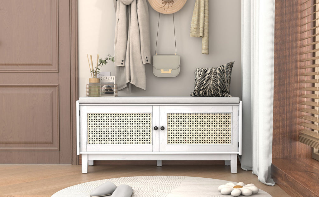 TREXM Boho Rattan Entryway Bench with Storage, Cushioned Shoe Bench with Double Doors, Wooden Shoe Organizer Bench for Entryway and Hallway (White+Beige )