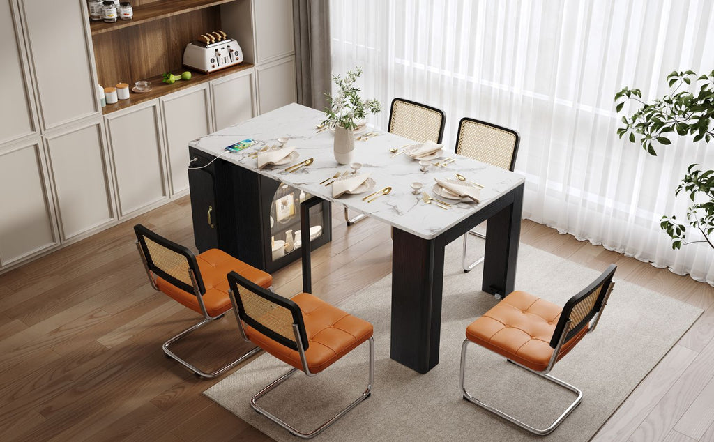 TREXM Extendable Dining Table with 3 Removable Middle Leaves, Mobile Rolling Island Table with Power Outlet, Saving-space Cabinet with Storage for Dining Room and Living Room (BLACK AND MARBLE WHITE)