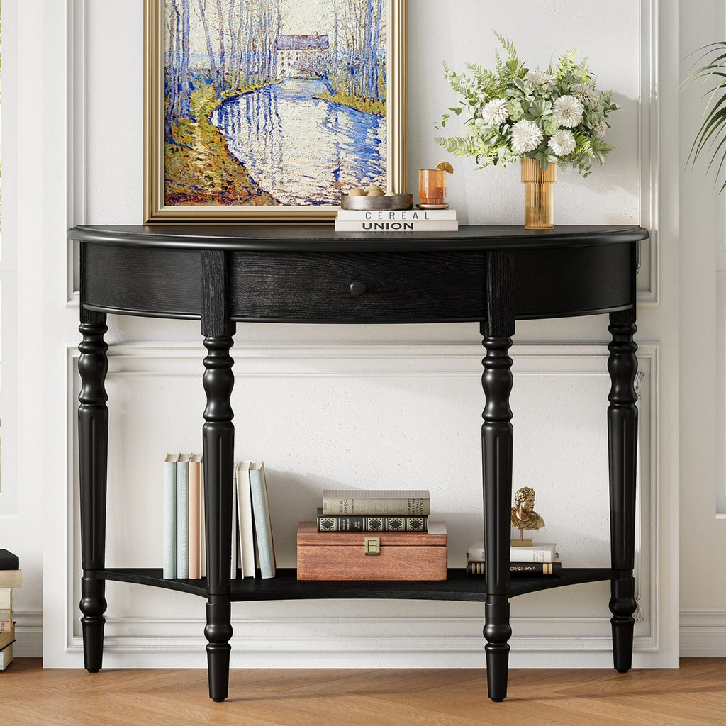 TREXM Farmhouse Half Moon Console Table with Drawer & Shelf - Rustic Accent Table, Sofa Table for Entryway, Living Room, Hallway and Foyer (Black)