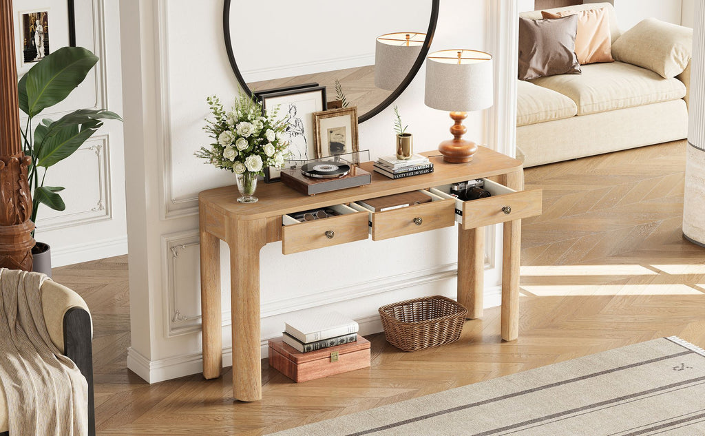 TREXM Rustic Console Table with Curved Corners for Safety, Entryway Table with 3 Concealed Drawers, Sturdy Sofa Table with Thick Legs for Hallway & Living Room (Light Oak)