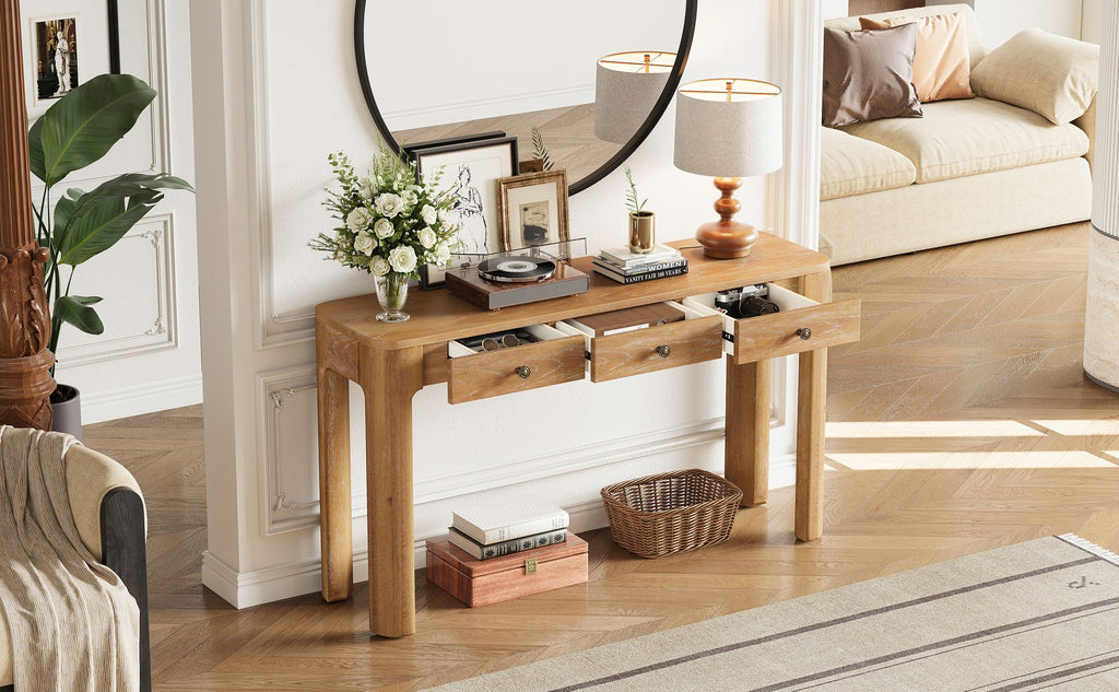 TREXM Rustic Console Table with Curved Corners for Safety, Entryway Table with 3 Concealed Drawers, Sturdy Sofa Table with Thick Legs for Hallway & Living Room (Natural)