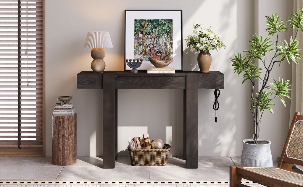 TREXM Rustic Minimalist Console Table with Hidden Drawer, Side Power Outlet,Wood Entryway Table for Entryways, Living Rooms and Home Offices(Espresso)