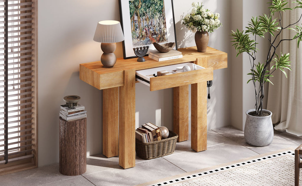 TREXM Rustic Minimalist Console Table with Hidden Drawer, Side Power Outlet,Wood Entryway Table for Entryways, Living Rooms and Home Offices(Natural)