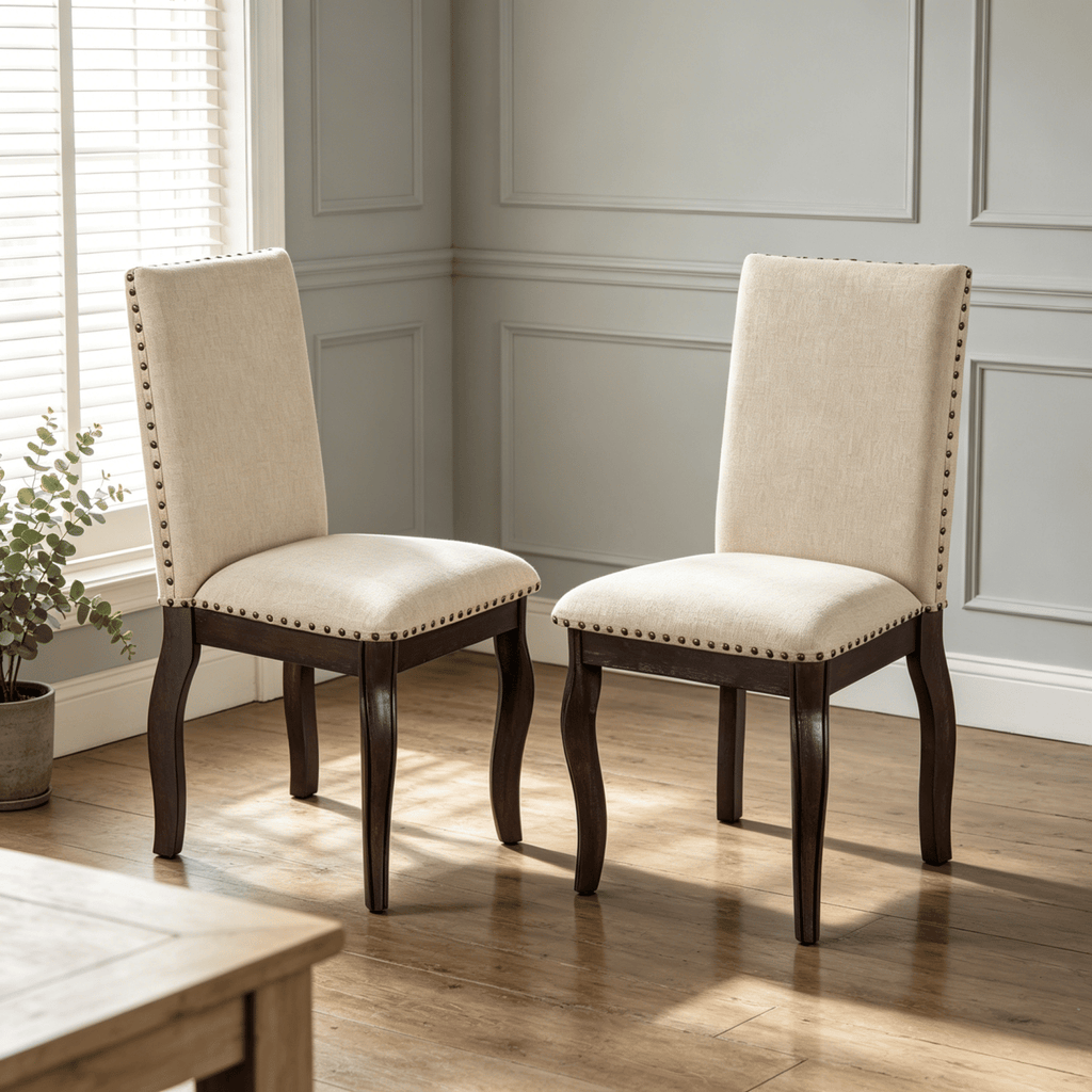 TREXM Set of 2 Dining chairs Wood Upholstered Fabirc Dining Room Chairs with Nailhead (Espresso)