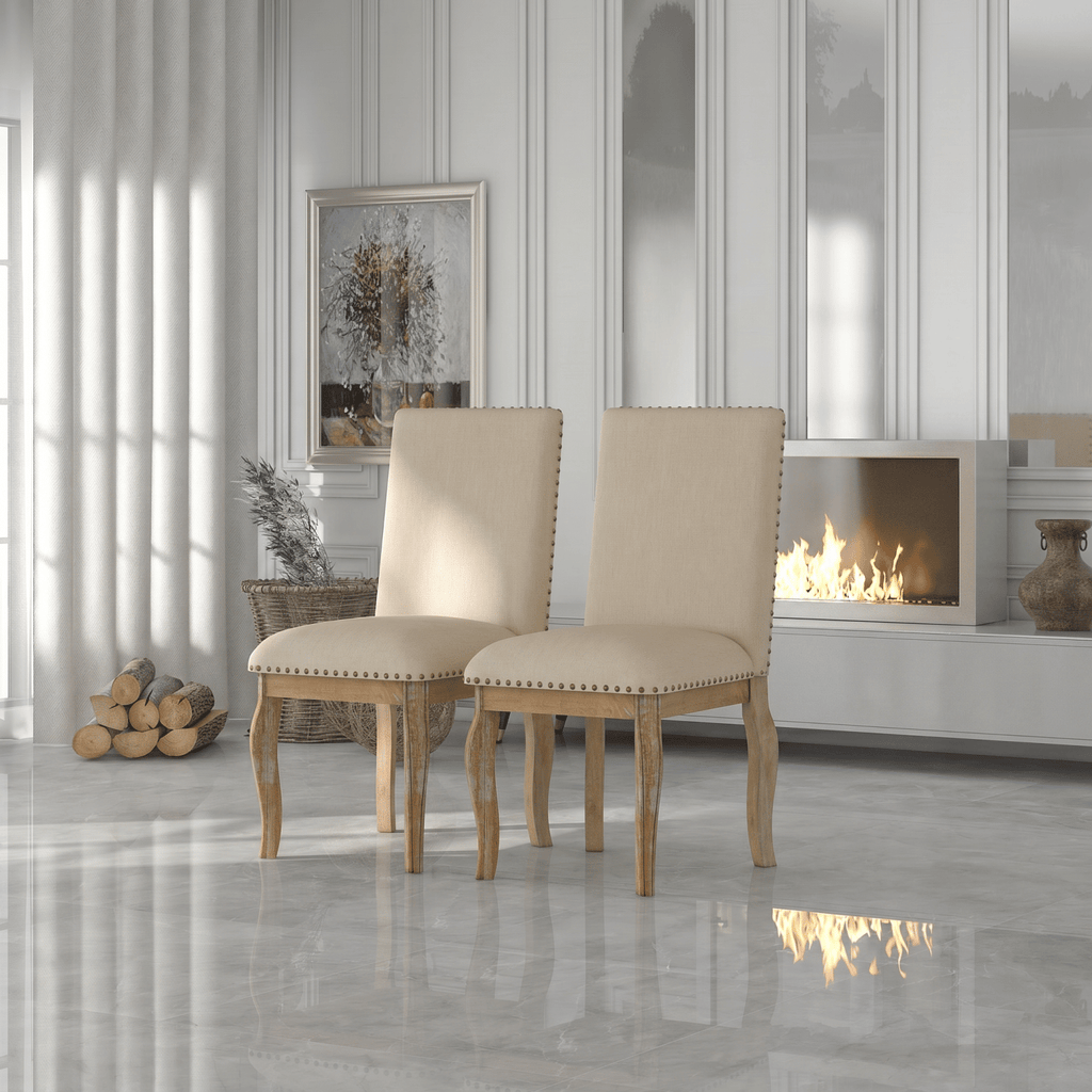 TREXM Set of 2 Dining chairs Wood Upholstered Fabirc Dining Room Chairs with Nailhead (Natural Wood Wash)