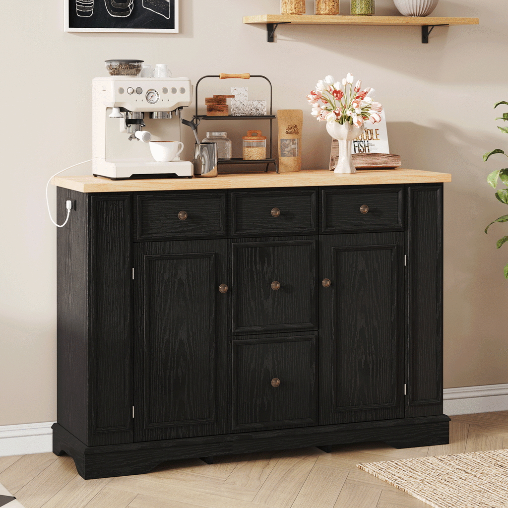 TREXM Sideboard Buffet Cabinet with Storage, Kitchen Console Table with 5 Drawers, 2 Cabinets, Adjustable Shelves, Buffet Server for Dining Room, Living Room, Entryway (Black)