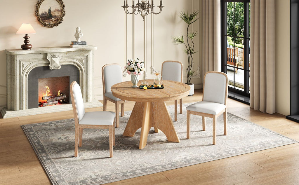 TREXM Vintage Extendable Dining Table Set for 4-6 with 4 Upholstered Chairs, 42 to 58-Inch Rustic Farmhouse Kitchen Table Set with Distressed Finish for Dining Room and Kitchen (Natural Wood Wash)