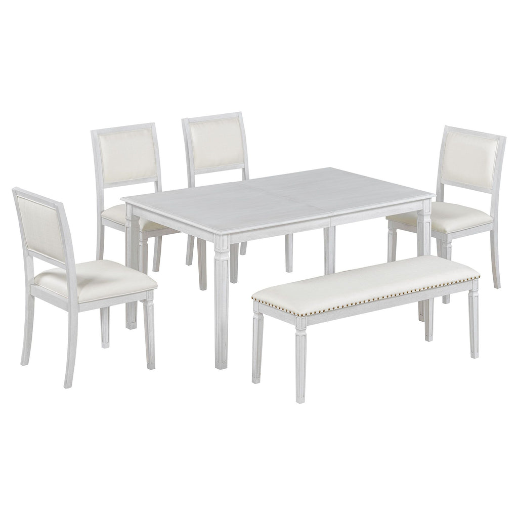 TREXM Vintage Extendable Dining Table Set for 6 with 4 Chairs & Bench, 59 to 72-Inch Rustic Farmhouse Kitchen Table Set with Distressed Finish and Retro Carved Legs (Washed White)