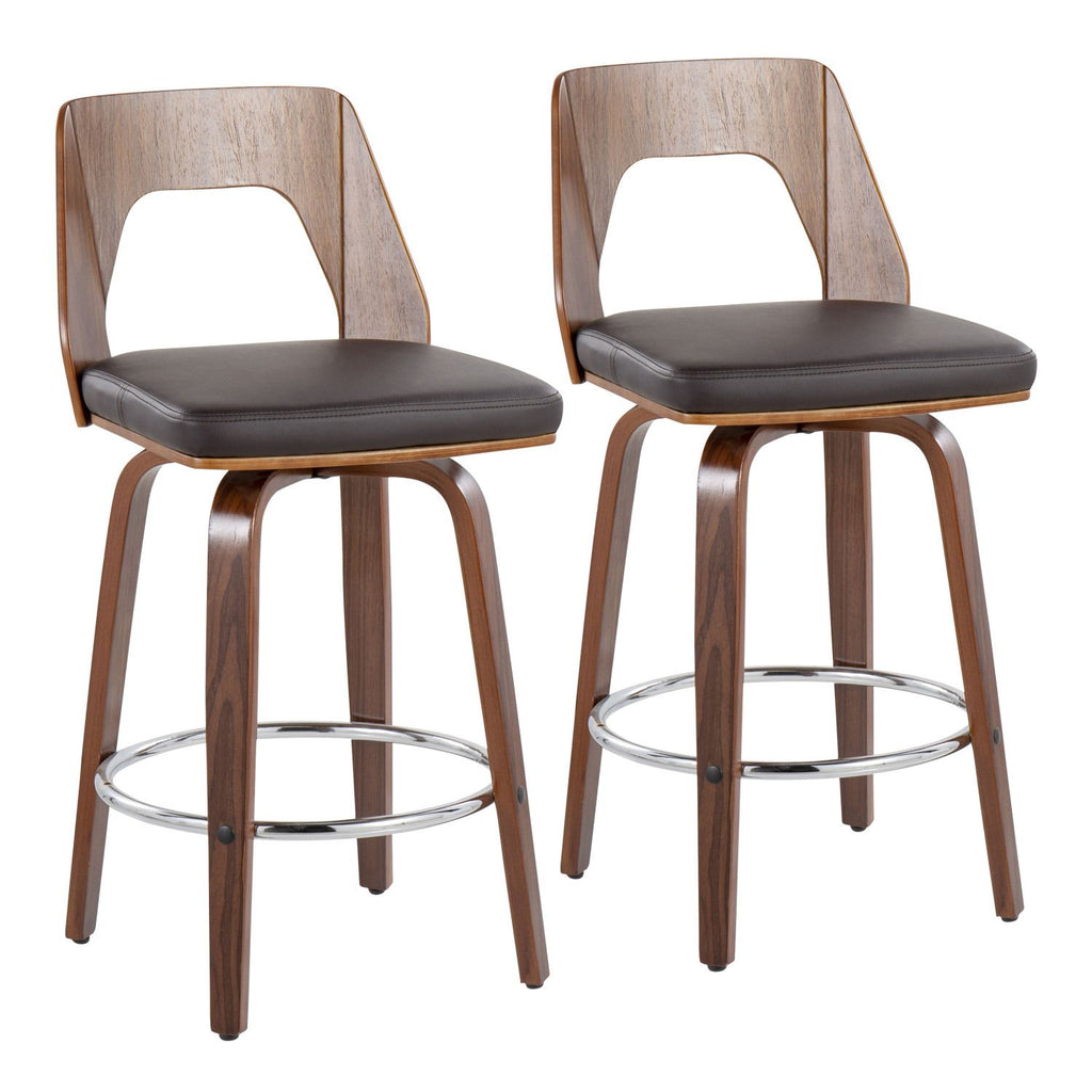 Trilogy Mid-Century Modern Counter Stool in Walnut and Brown Faux Leather by - Set of 2