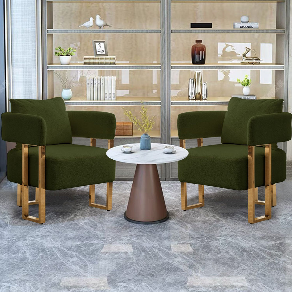 TS Modern decorative chair, living room side chair with gold metal legs, no wheels, suitable for dressing area, reception room, office,Teddy fleece upholstered metal foot sofa 2PC Green