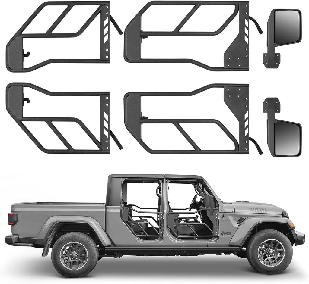 Tube Doors with Side View Mirror for 2018-2026 Jeep Wrangler JL JLU & Gladiator JT 4-Doors (Includes 4XE) 4-piece set Off Road Summer Trail Adventure