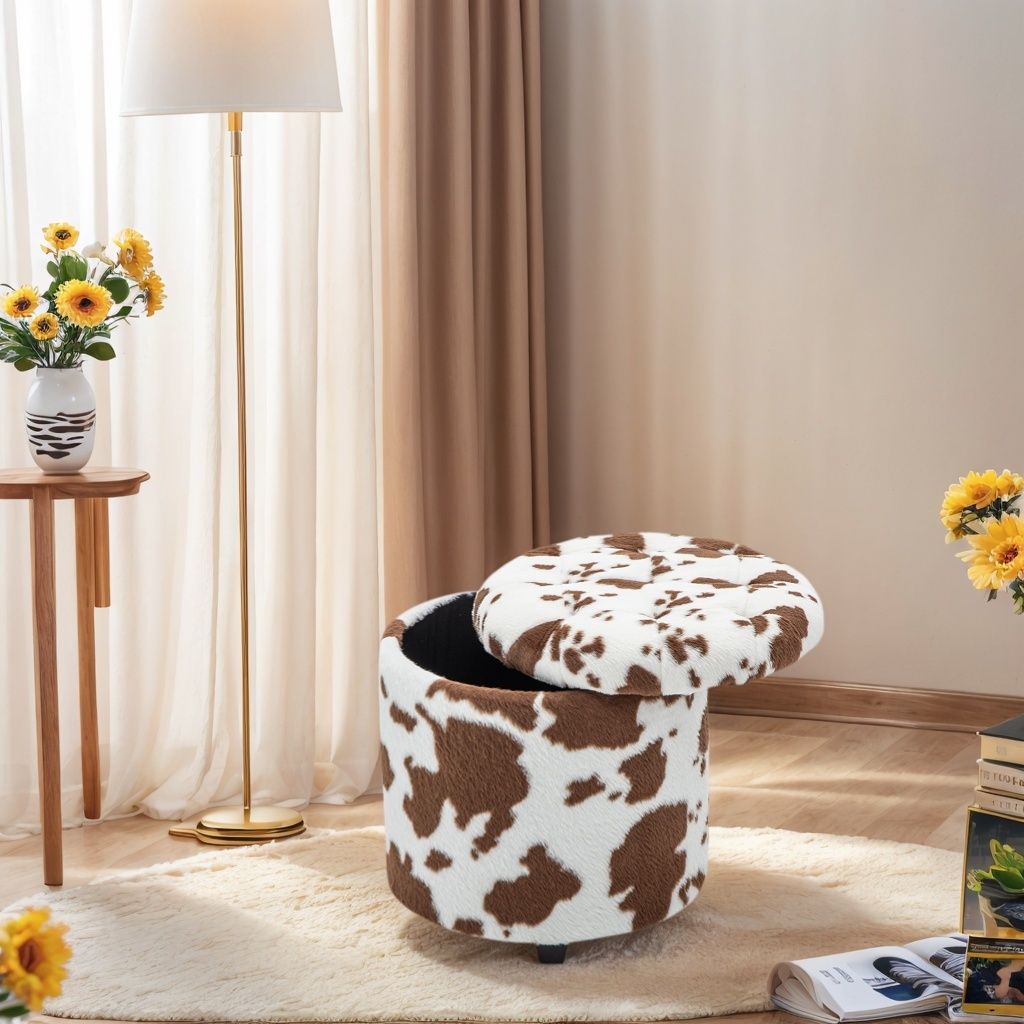Tufted Round Storage Ottoman - Brown & White