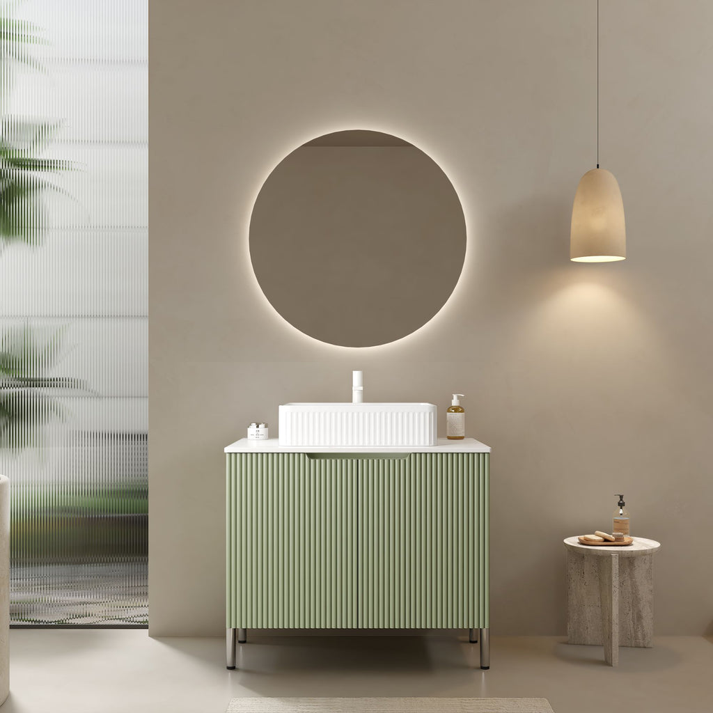 TURIO 30" Bathroom Vanity with Sink, Freestanding Bathroom Storage Cabinet with 2 Doors, White Ceramic Basin and Carrara White Counter Top, No Faucet, Light Green Color