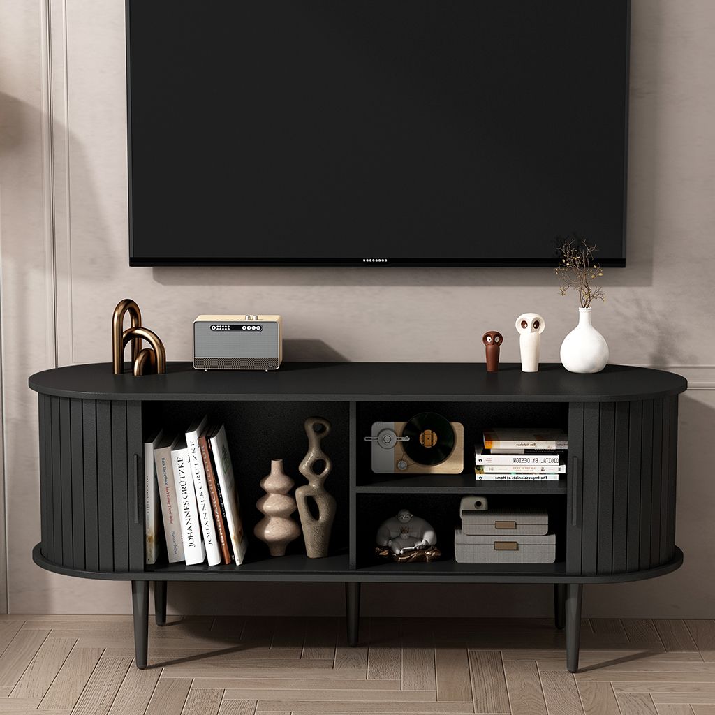 TV Stand, 47" Modern TV Console Table with Storage Compartment and Sliding Door, Gaming Entertainment Center with Cabinet for Living Room, Bedroom, Office (BLACK)