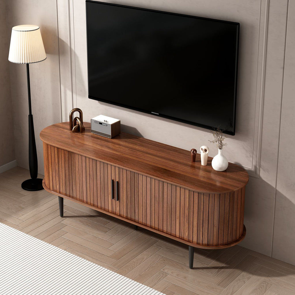 TV Stand, 55" Modern TV Console Table with Storage Compartment and Sliding Door, Gaming Entertainment Center with Cabinet for Living Room, Bedroom, Office (Walnut) BACK-TO-SCHOOL