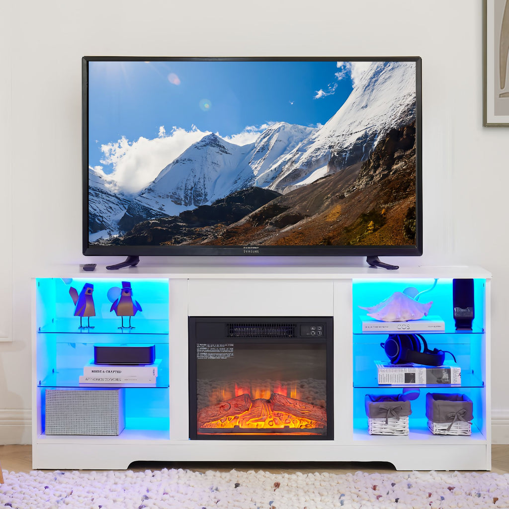 TV Stand Electric Fireplace Glass Shelves, 3D Fireplace TV Stand with LED Lights Wood with USB Charging Outlet Modern Television Table Center for TV up to 62" White, 58''W*15.5''D*24.4