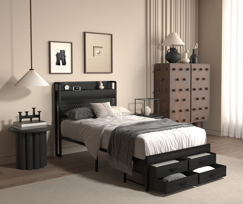 Twin Bed Frames with Headboard, Twin Size Bed Frames with Storage Drawers, Twin Bed, Black Metal Platform Bed Frame, Single Bed Frame, No Box Spring Needed