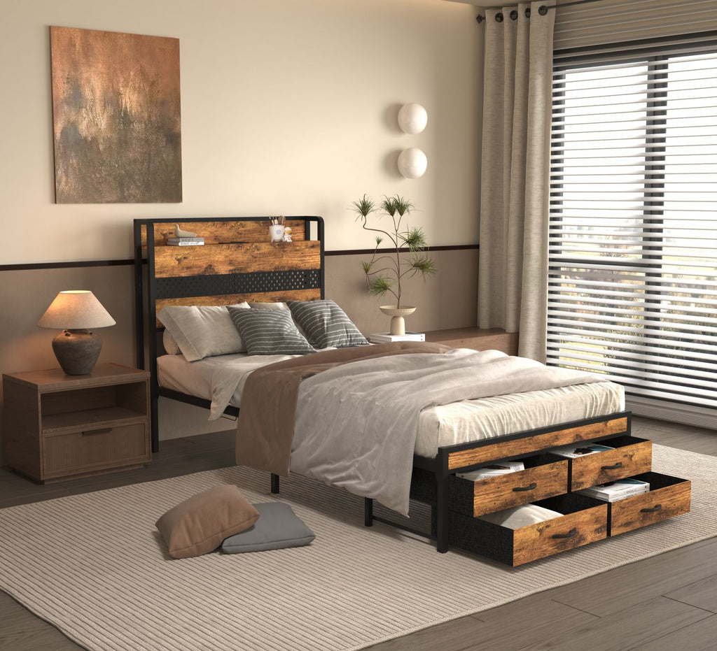 Twin Bed Frames with Headboard, Twin Size Bed Frames with Storage Drawers, Twin Bed, Black Metal Platform Bed Frame, Single Bed Frame, No Box Spring Needed