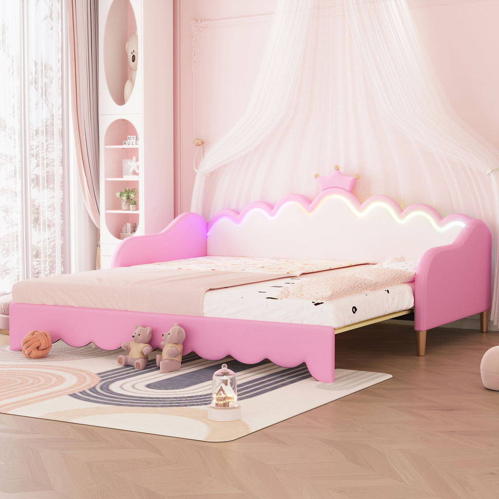 Twin Extending Daybed with LED Lights, Modern Upholstered Princess Daybed With Crown Headboard,Pink