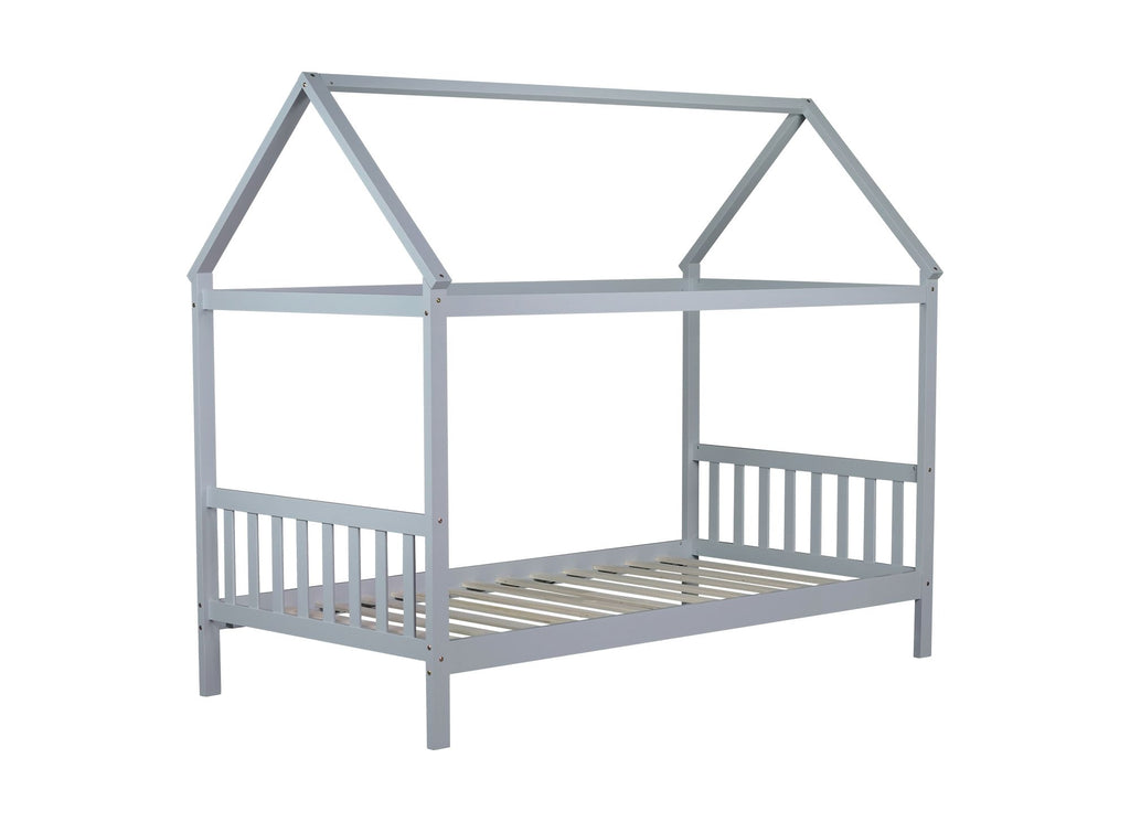 Twin House Bed with Headboard and Footboard, Twin Rubber Wood Bed with House Frame,Light Grey