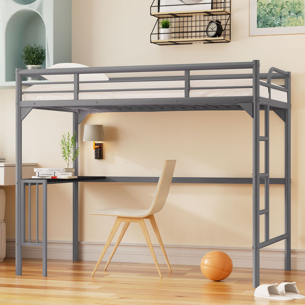 Twin Metal loft Bed with Desk, Ladder and Guardrails, bookdesk under bed, Silver