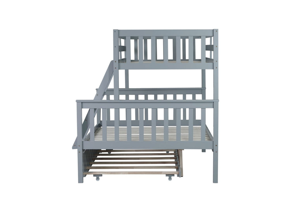 Twin Over Full Rubber Wood Bunk Bed with Trundle, Convertible Ladder and Guardrail, Detachable, Convertible Bed, with Twin Size Trundle ,Grey