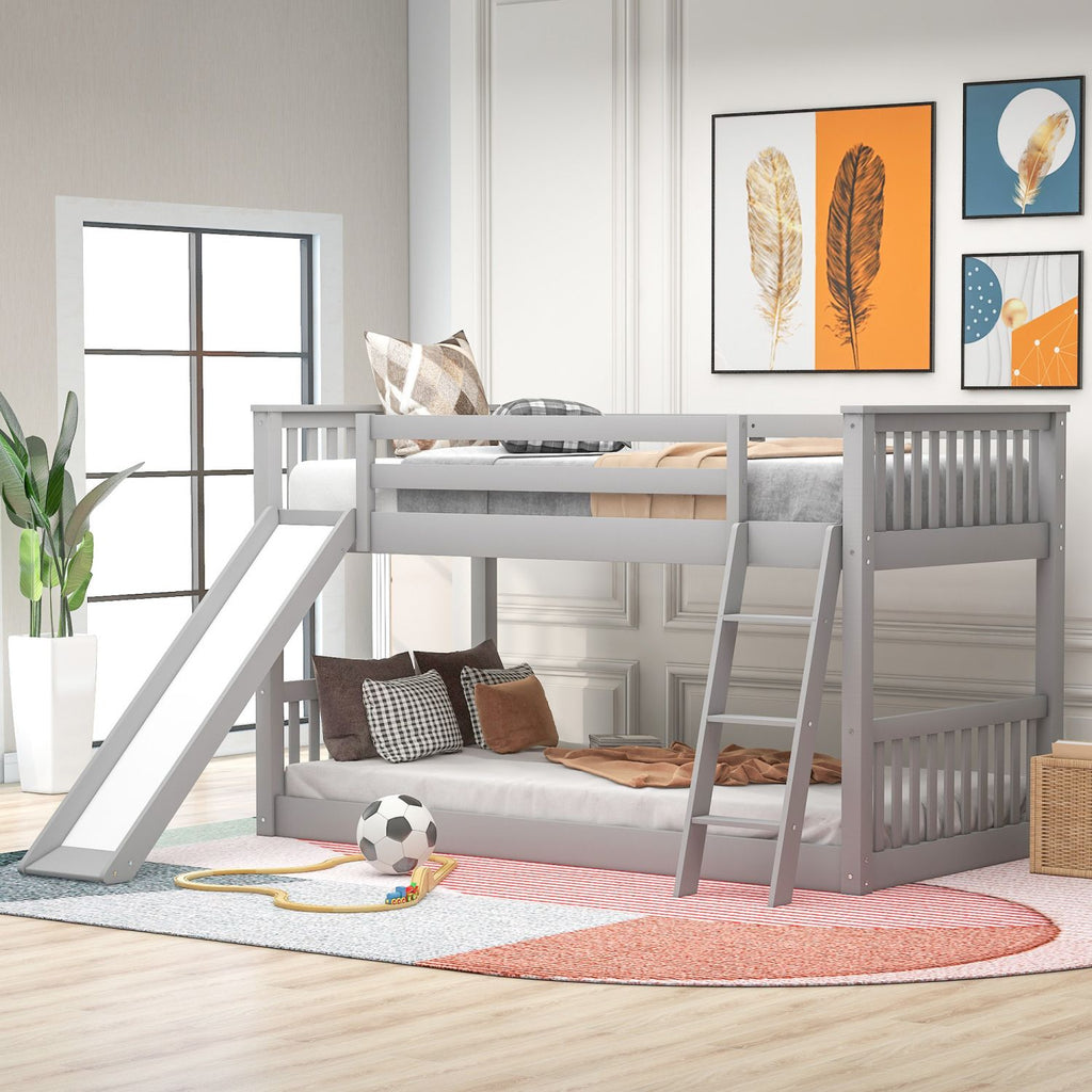 Twin over Twin Bunk Bed with Convertible Slide and Ladder, Gray(Old SKU: SM000213)