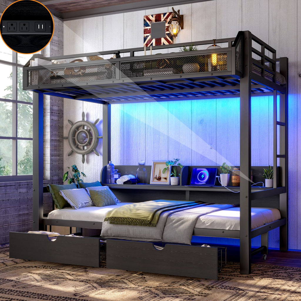 Twin over Twin Bunk Bed with Storage Shelves and Drawers,Multifunctional Metal Bunk Beds with USB Ports and LED Lights, Lower Bed that can be converted into a sofa, Black