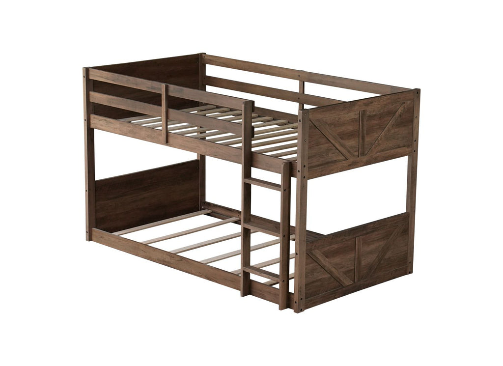 Twin over Twin Floor Bunk Bed with Panelled Headboard and Footboard, Solid Rubber Wood Foundation with Safety Guardrails, Built-in ladder,Antique Oak