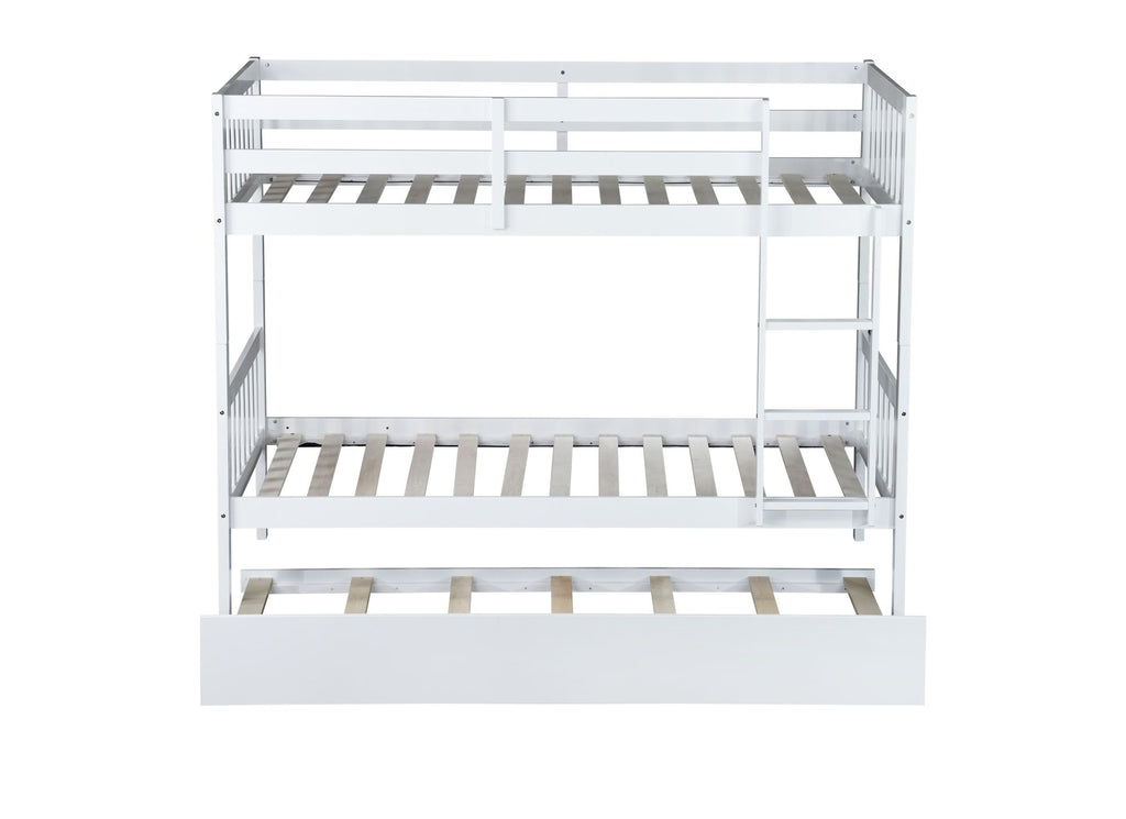 Twin Over Twin Rubber Wood Bunk Bed with Trundle, Convertible into Twin Size Beds, Twin Size Bunk Bed with Ladder and Safety Guardrails, White