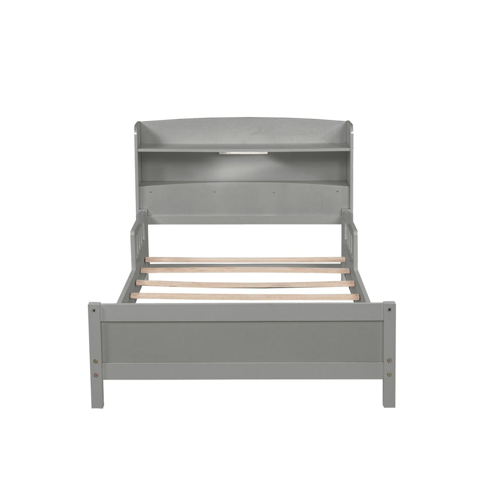 Twin Pine Wood Bed with Bookcase Headboard ,LED Motion Sensor Light, Guardrails,Grey