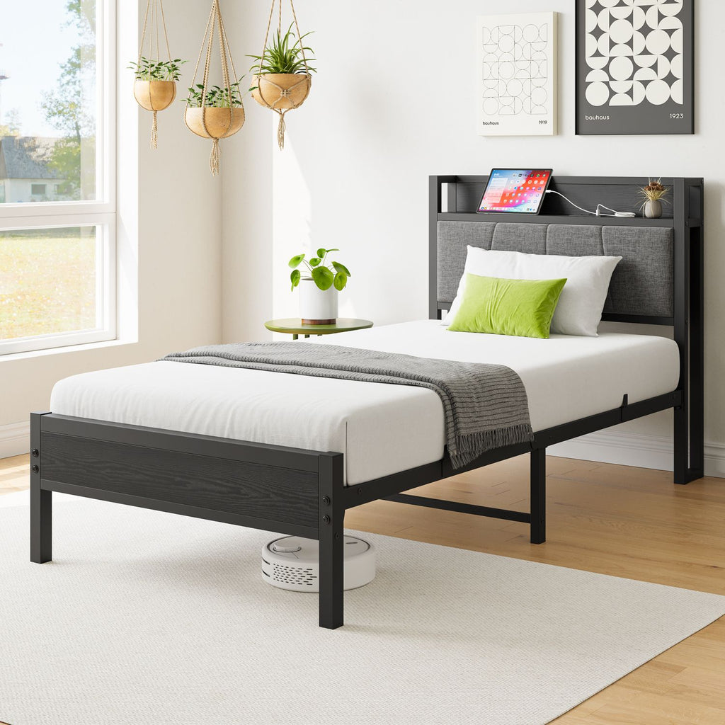Twin Size Bed Frame, Storage Headboard with Charging Station, Solid and Stable, No Box Spring Needed, Easy Assembly