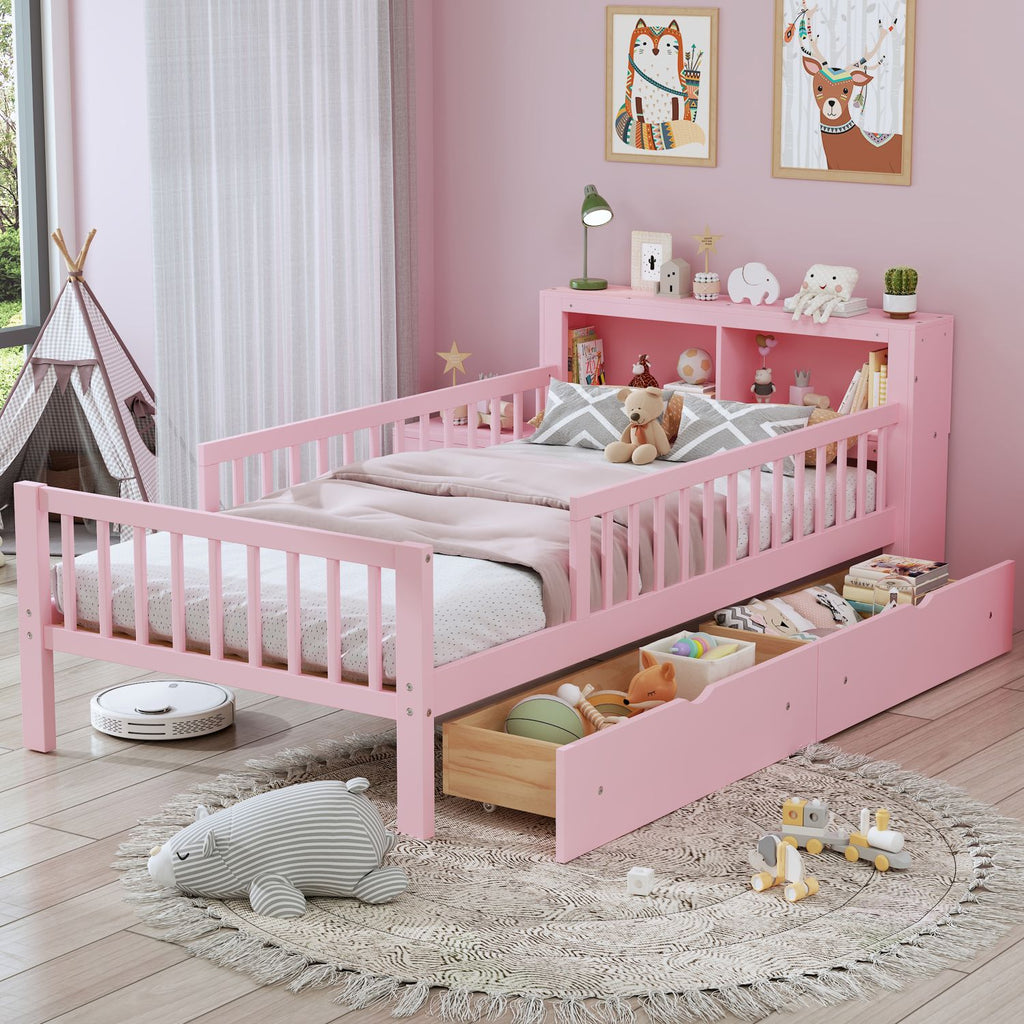 Twin Size Bed with Headboard Storage Rack, Two Under-Bed Drawers, Three-Side Guardrails for Safety and Security,Pink