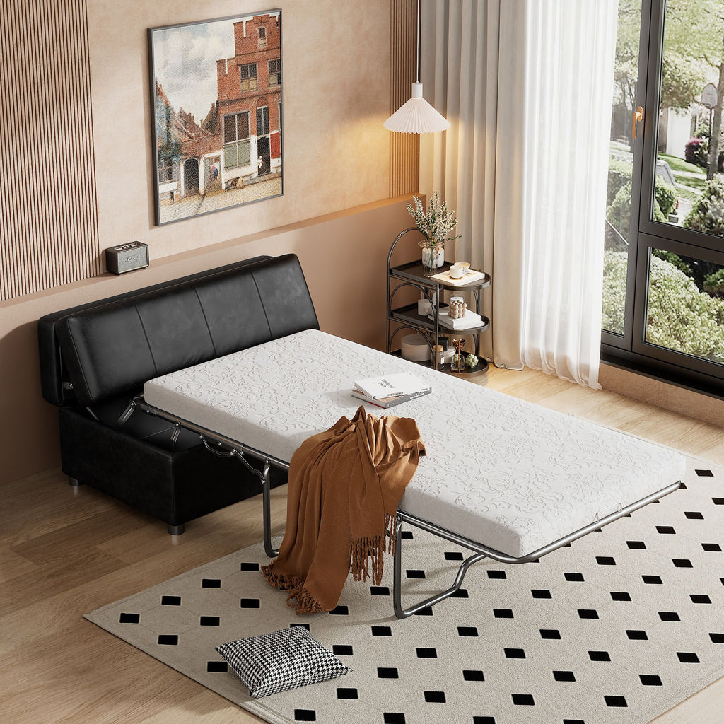 Twin Size Folding Ottoman Sleeper Bed with Mattress Convertible Guest Bed Black