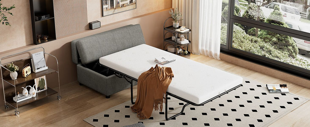 Twin Size Folding Ottoman Sleeper Bed with Mattress Convertible Guest Bed, Dark Gray